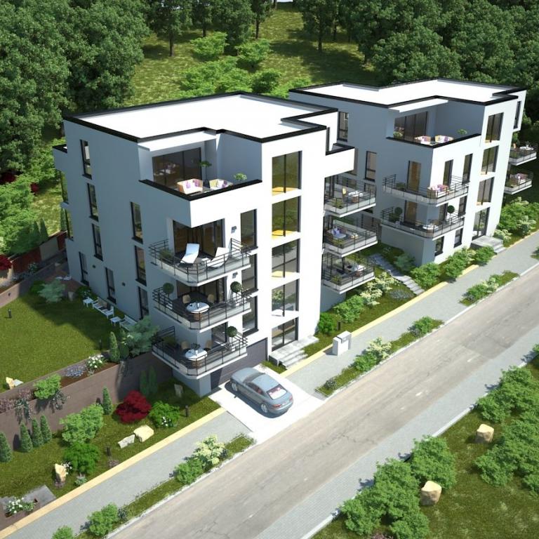 Architektonisches Rendering eines modernen Wohnkomplexes, umgeben von üppigem Grün und an einer Straße gelegen.