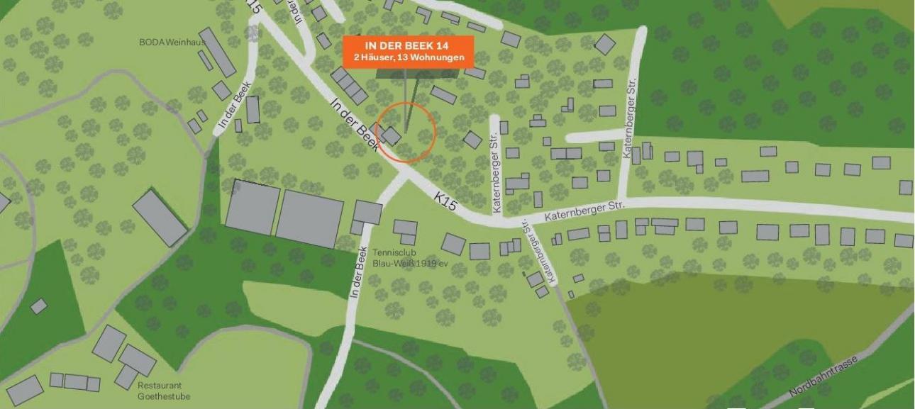 Lageplan des Wohnbaugebietes in der Inner Beek, der die Anbindung an umliegende Straßen und Grünanlagen zeigt.