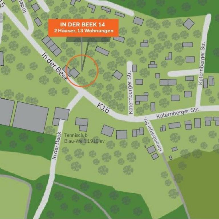 Lageplan des Wohnbaugebietes in der Inner Beek, der die Anbindung an umliegende Straßen und Grünanlagen zeigt.