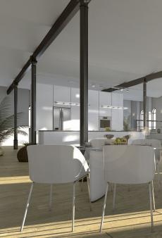 Ein modernes, lichtdurchflutetes Restaurantinterieur mit einem langen Tisch und weißen Stühlen.